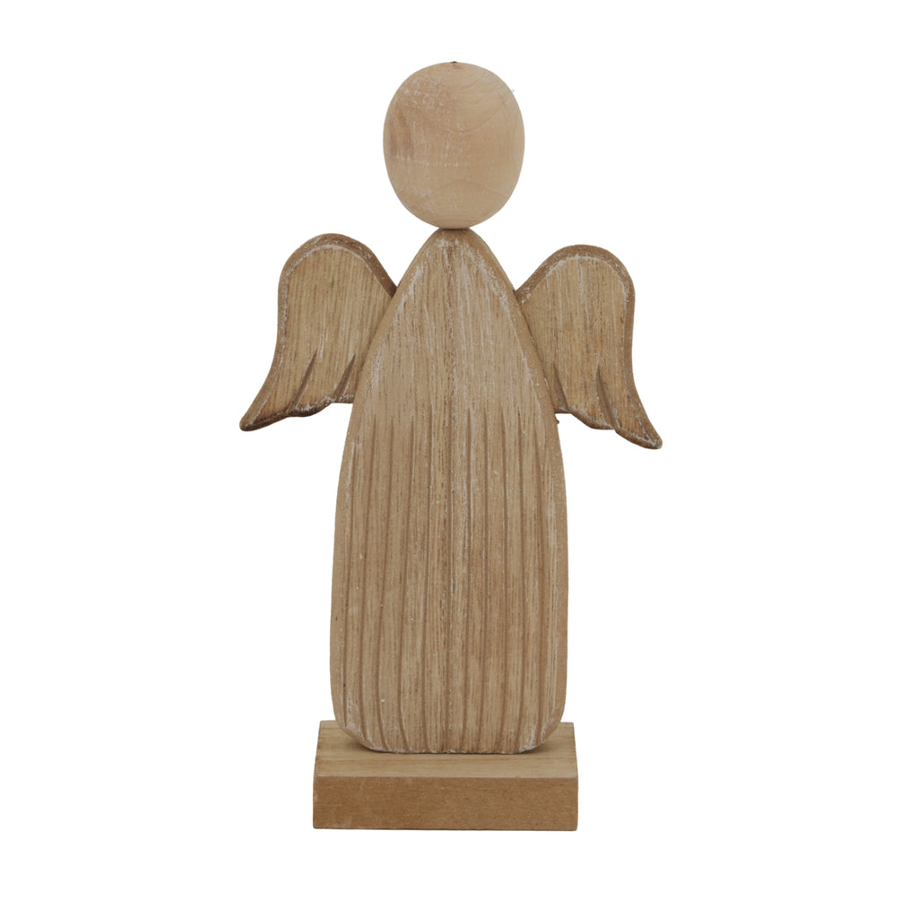 Front view of a neutral-toned angel decoration with an oval head, curved wings, textured tapered body and rectangular base on white.