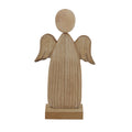 Front view of a neutral-toned angel decoration with an oval head, curved wings, textured tapered body and rectangular base on white.
