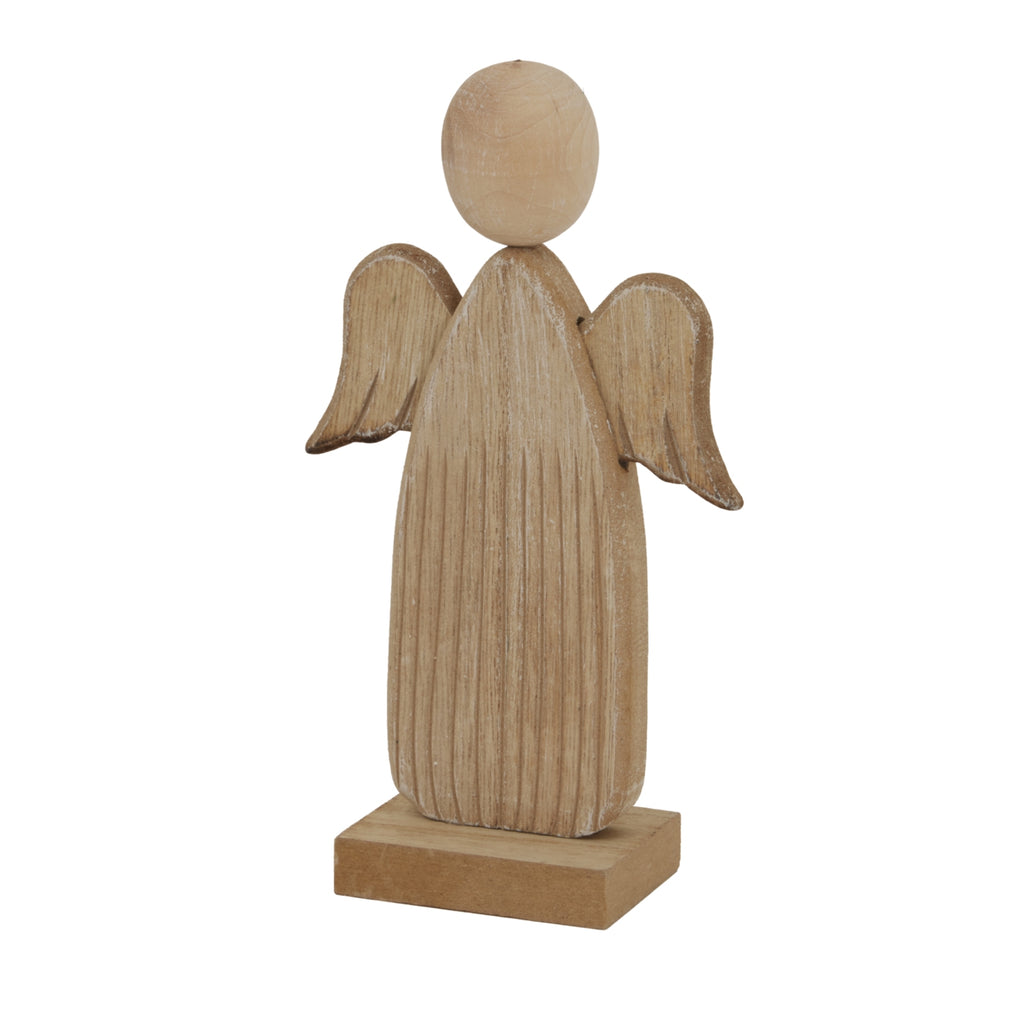 Angled view of the rustic angel decoration showing pale surface accents, the depth of its body and its rectangular base.