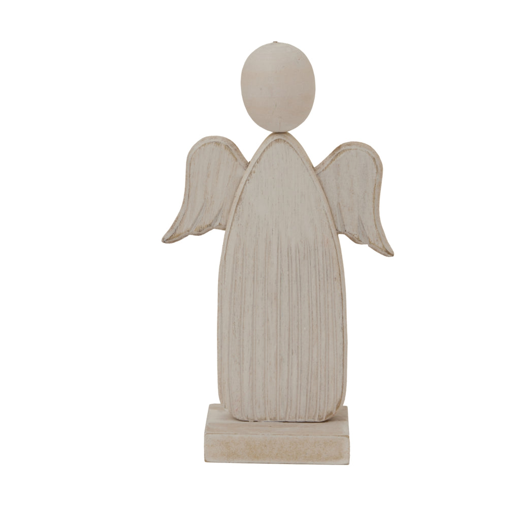 Front view of a whitewashed angel decoration with an oval head, curved wings and a streaked tapered body on a rectangular base.