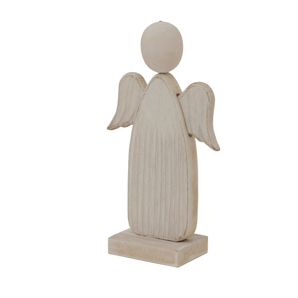 Angled view of the whitewashed angel decoration, showing the depth of its tapered body and rectangular base beneath the curved wings.