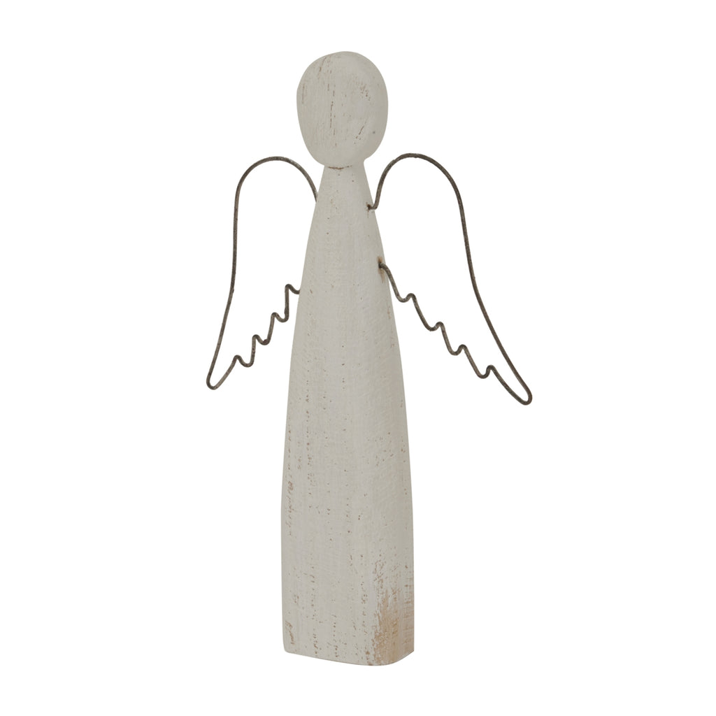 Angled view of the pale angel decoration showing the depth of its tapered body, brown surface markings and curved outline wings.