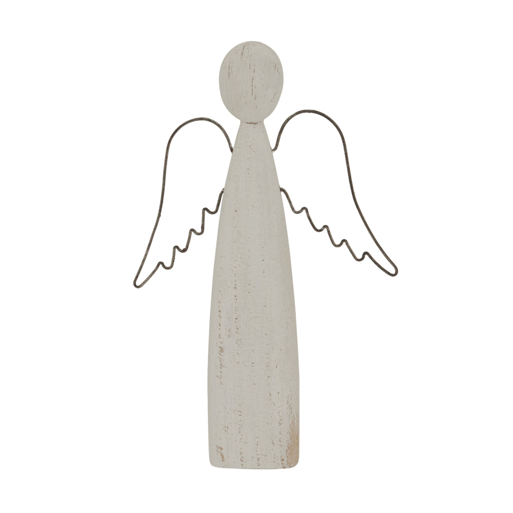 Front view of a whitewashed angel decoration with an oval head, tapered body and dark open wings with scalloped lower edges.