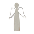 Front view of a whitewashed angel decoration with an oval head, tapered body and dark open wings with scalloped lower edges.