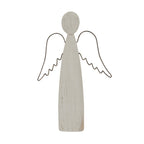 Front view of a whitewashed angel decoration with an oval head, tapered body and dark open wings with scalloped lower edges.