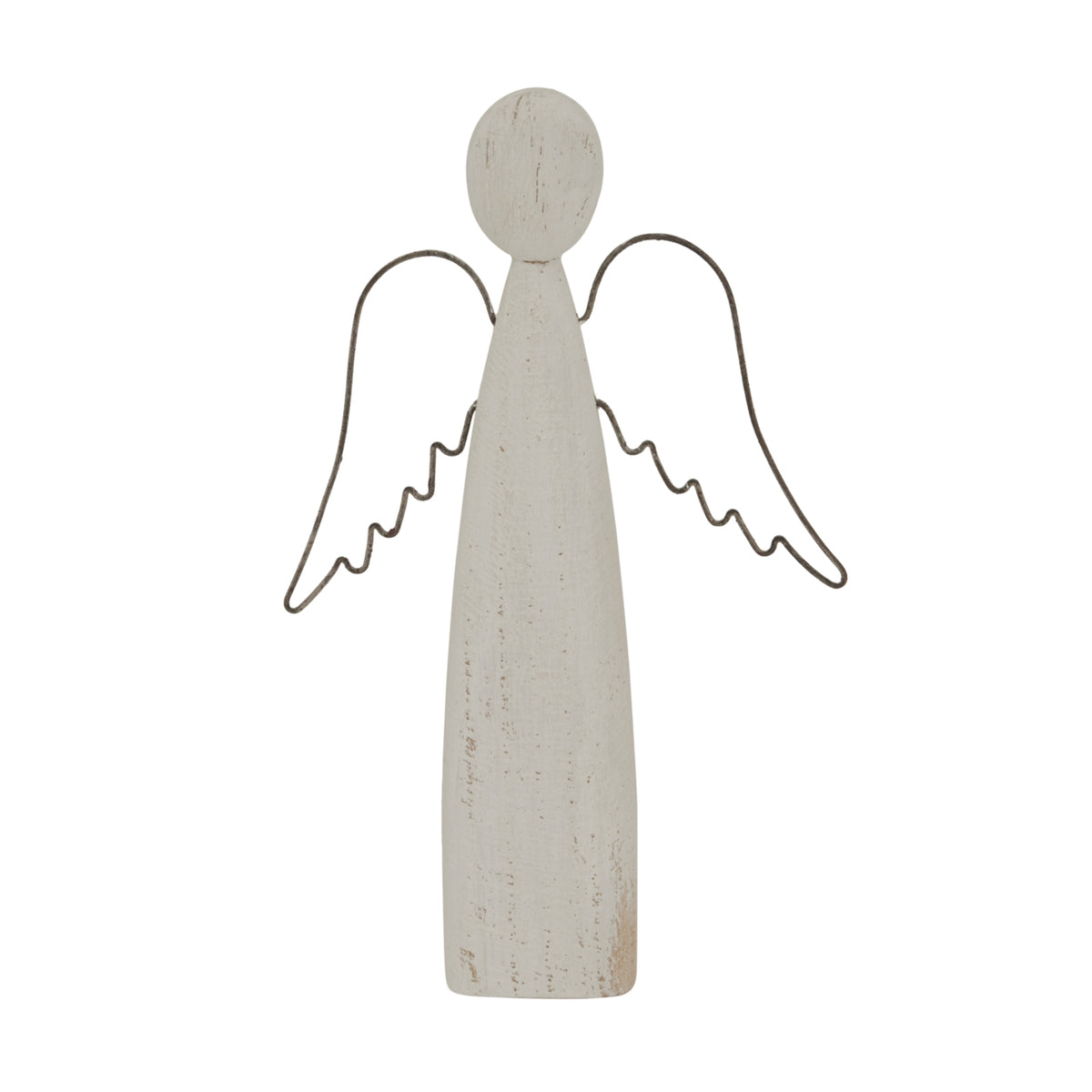 Front view of a whitewashed angel decoration with an oval head, tapered body and dark open wings with scalloped lower edges.
