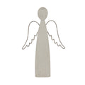 Front view of a pale whitewashed angel decoration with a plain oval head, tall tapered body and dark open wings with scalloped inner edges on a white background.