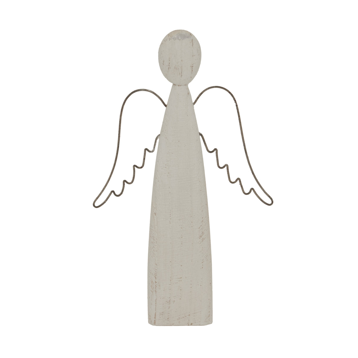 Front view of a pale whitewashed angel decoration with a plain oval head, tall tapered body and dark open wings with scalloped inner edges on a white background.