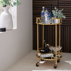 Potted green foliage styled beside bottles and glasses on the upper shelf of a gold-coloured drinks trolley against dark wood slats.