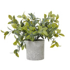 Artificial plant with spreading yellow-green and dark green oval leaves in a mottled grey cylindrical pot, against a white background.