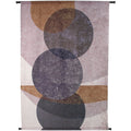 Front view of a rectangular wall hanging with overlapping pink, ochre and dark grey circles and slim dark bars at the top and bottom.
