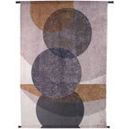 Front view of a rectangular wall hanging with overlapping pink, ochre and dark grey circles and slim dark bars at the top and bottom.