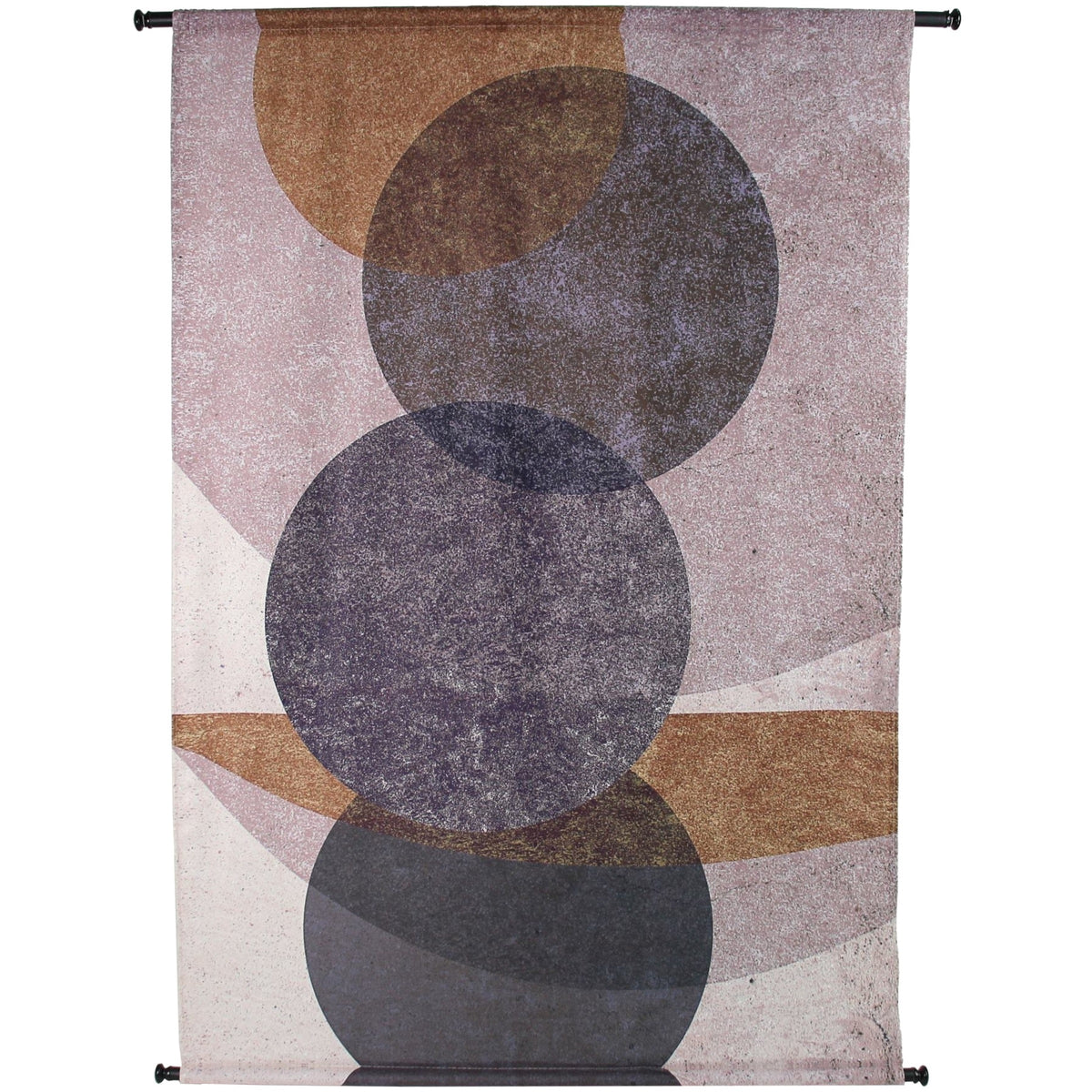 Front view of a rectangular wall hanging with overlapping pink, ochre and dark grey circles and slim dark bars at the top and bottom.