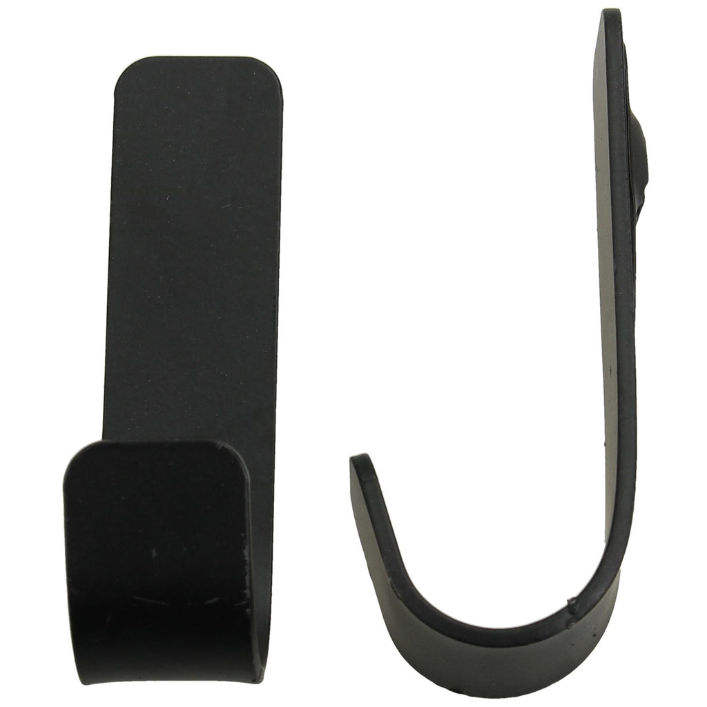 Two dark curved wall hooks shown from the front and side against a white background.