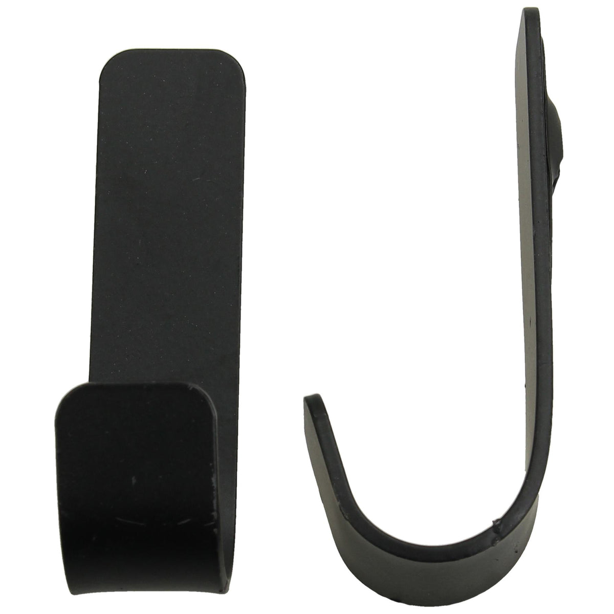 Two dark curved wall hooks shown from the front and side against a white background.