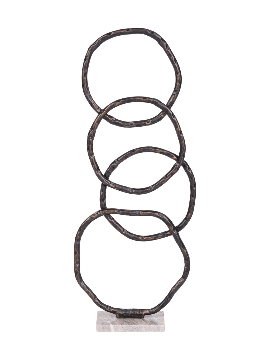 Front view of four overlapping dark, irregular rings standing on a pale rectangular marble base.