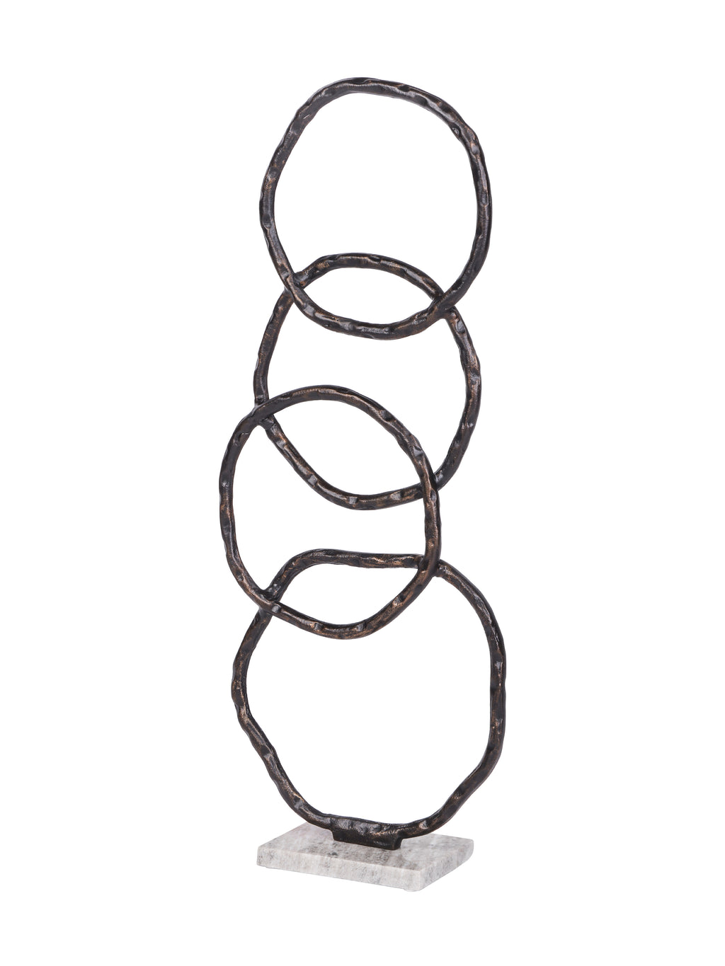 Angled view of the tall ring sculpture showing the overlapping curves and depth of its marble base.