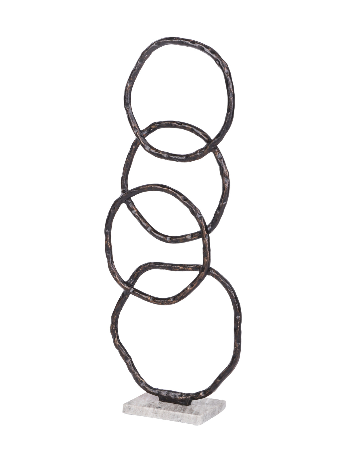 Angled view of the tall ring sculpture showing the overlapping curves and depth of its marble base.