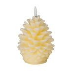 Cream pinecone LED candle with overlapping curved scales, a low round base and a white flame-shaped tip against a white background.