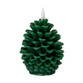 Dark-green pinecone LED candle on a white background, showing layered cupped scales and a white flame-shaped element.