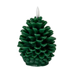 Dark-green pinecone LED candle on a white background, showing layered cupped scales and a white flame-shaped element.