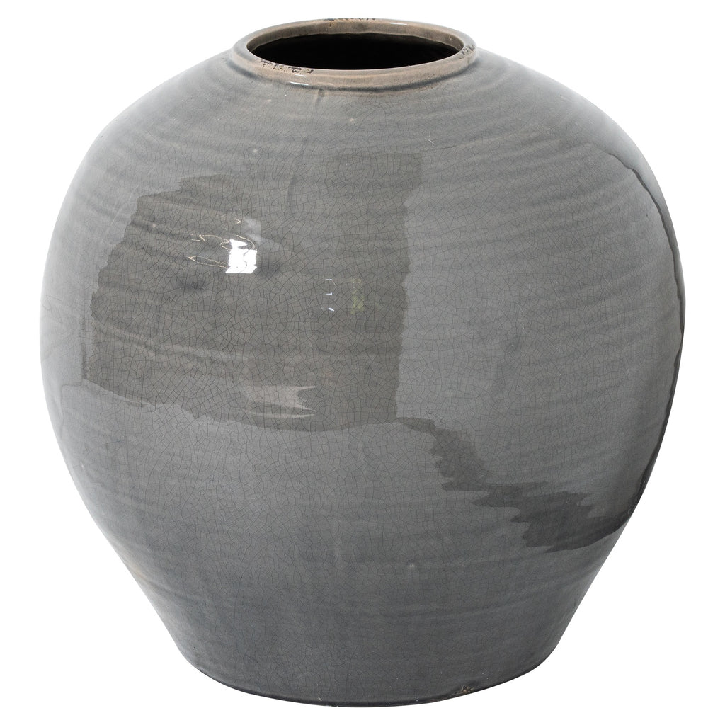Grey Ovoid Crackle Vase showing its rounded body, tapered base and wide circular opening against a white background.