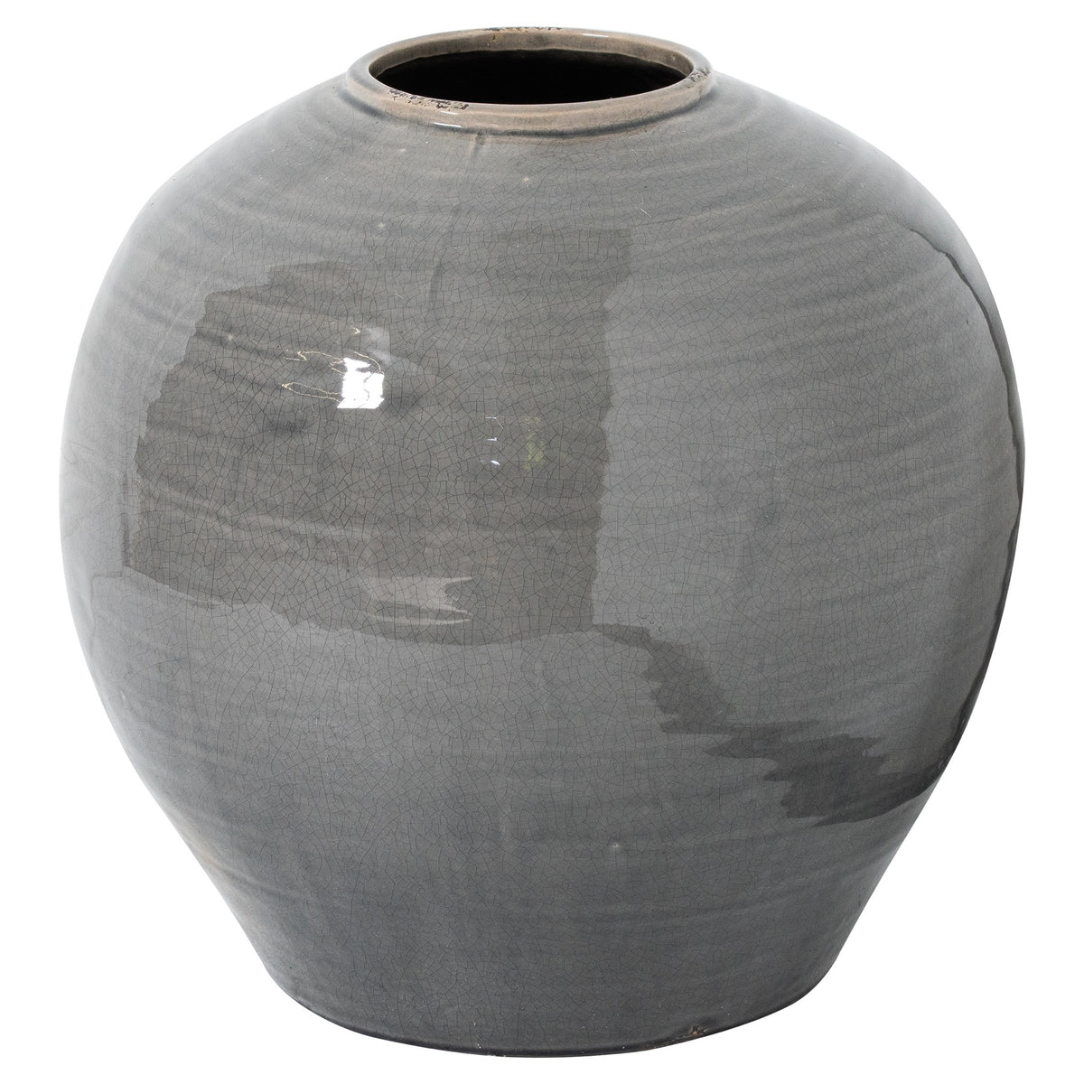 Grey Ovoid Crackle Vase showing its rounded body, tapered base and wide circular opening against a white background.