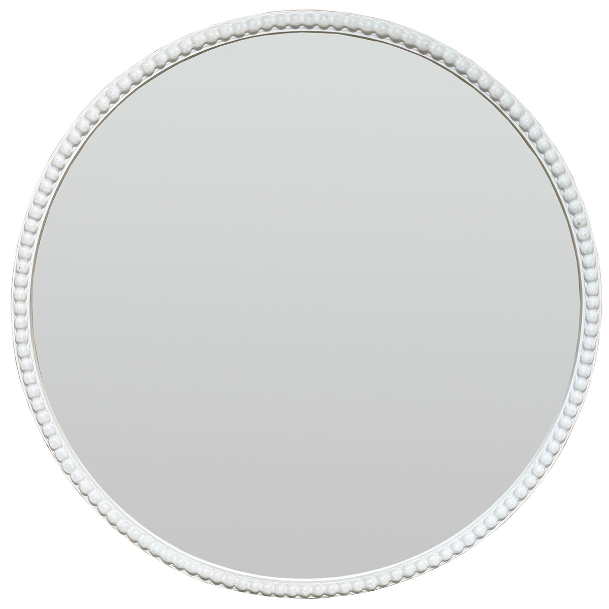 Front view of a round mirror with a narrow pale border of raised beads.