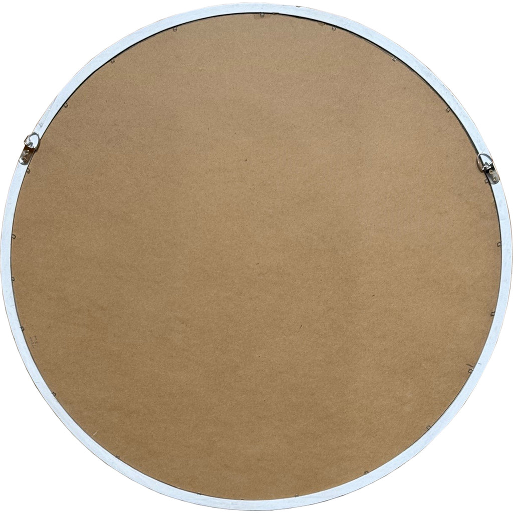 Rear view of the round mirror showing a brown backing, pale outer rim and two hanging loops.