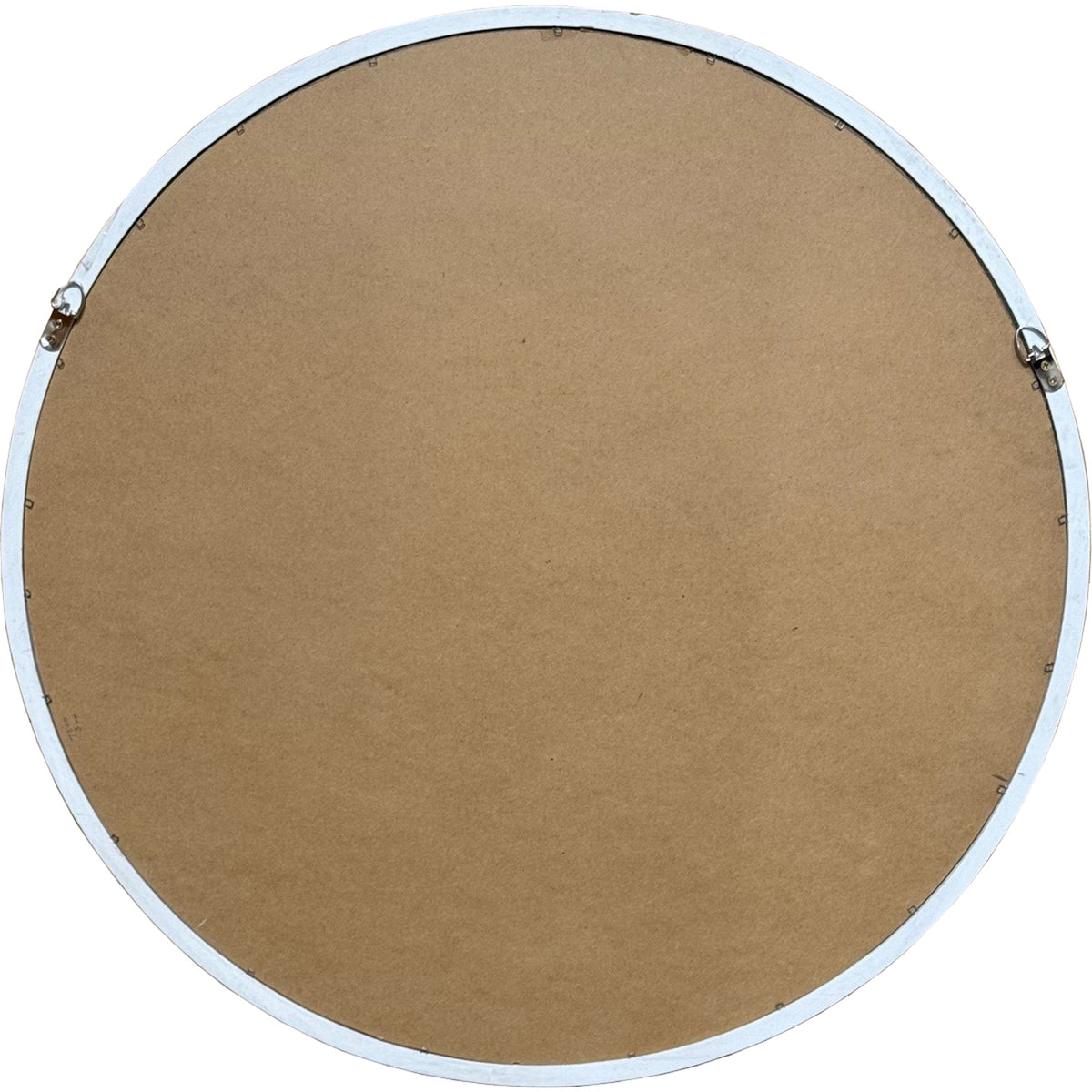 Rear view of the round mirror showing a brown backing, pale outer rim and two hanging loops.