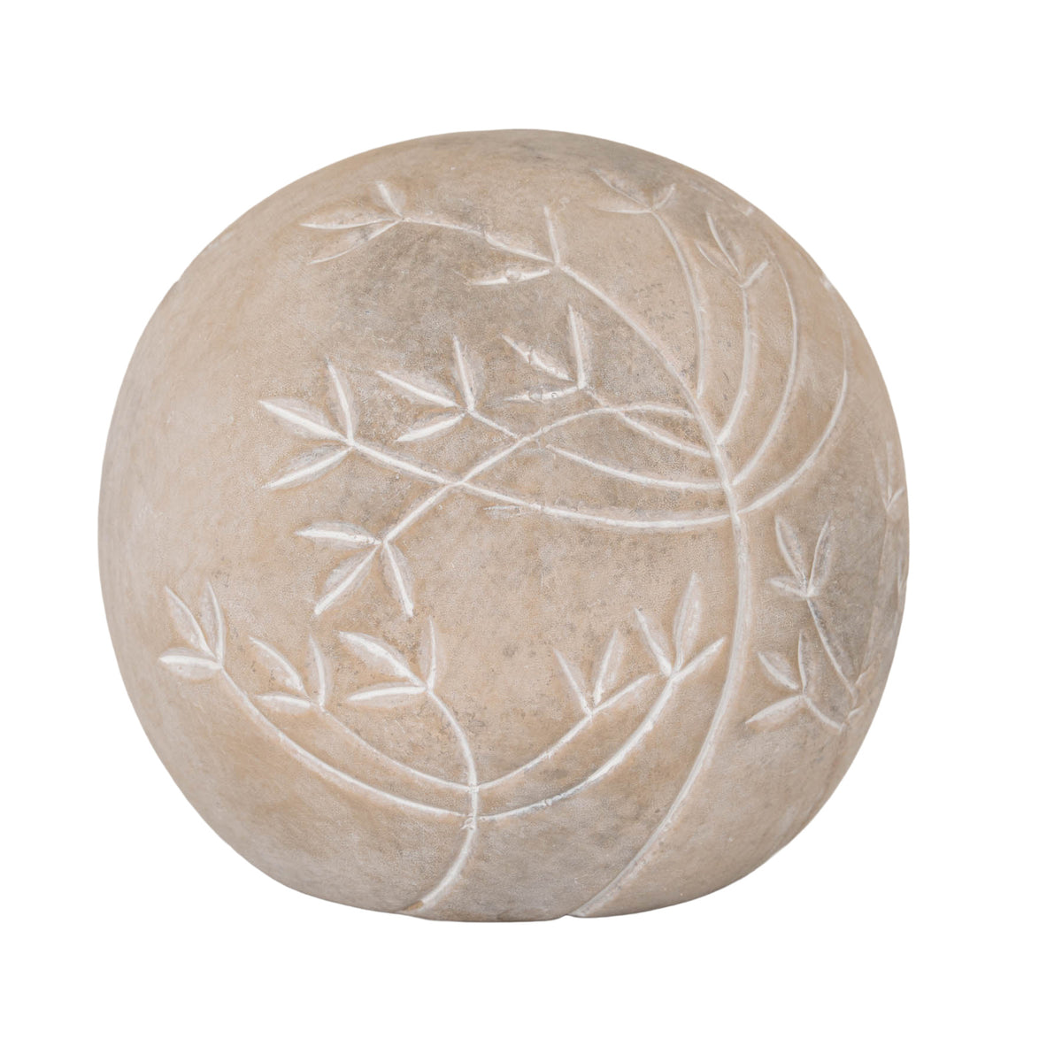 Rounded taupe decorative ball with pale branching leaf motifs, a mottled surface and a slightly flattened base, shown against white.