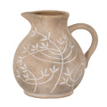 Rounded taupe-brown jug with pale branching leaf decoration, a lip pointing left and a thick loop handle on the right, shown against white.