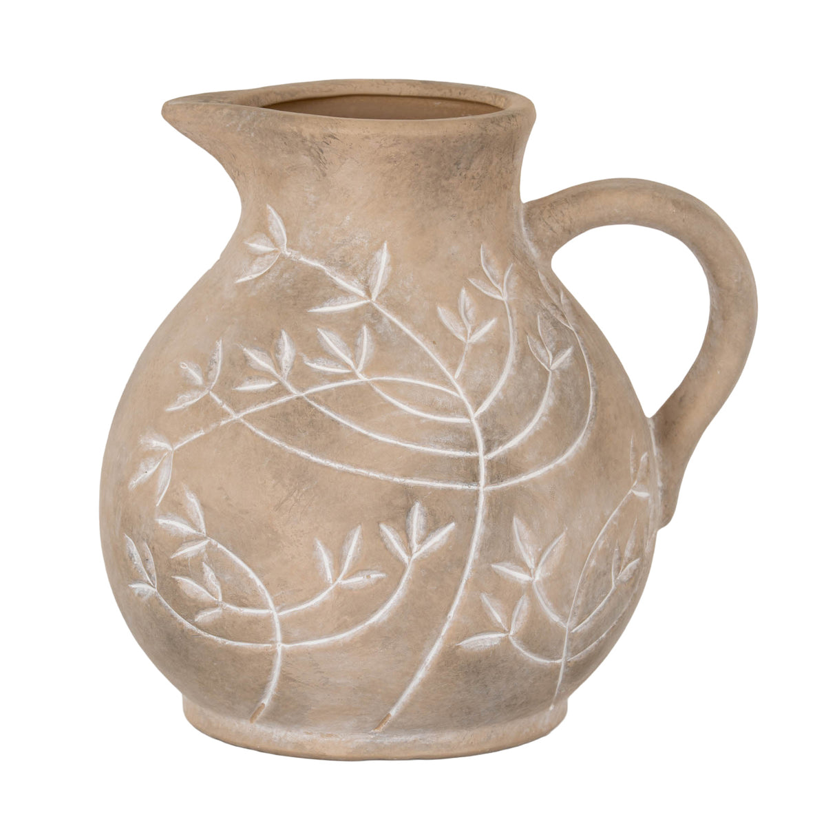 Rounded taupe-brown jug with pale branching leaf decoration, a lip pointing left and a thick loop handle on the right, shown against white.