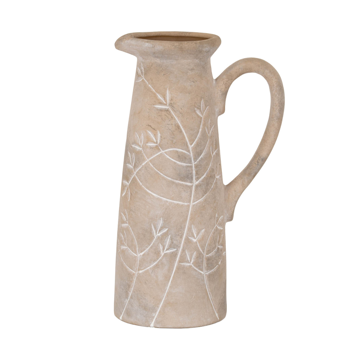 Tall taupe decorative jug on a white background, with pale branching leaf lines across the body, a small pouring lip and a long curved handle on the right.