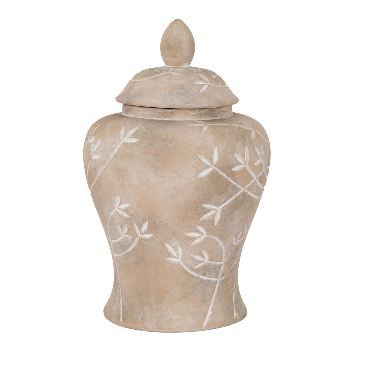 Beige ginger jar with pale leafy branches across its tapered body and domed lid, topped with a pointed finial, against a white background.