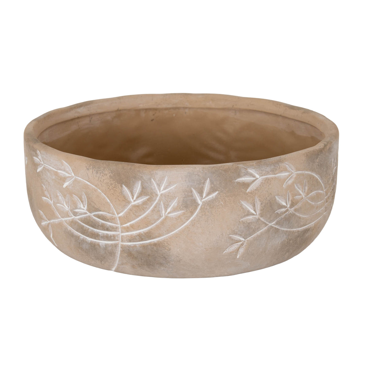 Shallow round taupe planter with white leafy branches across the mottled exterior, a thick rim and an open brown interior.