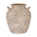 Beige amphora vase on a white background, showing its broad rounded body, short open neck, pointed side details and pale branching leaf pattern.