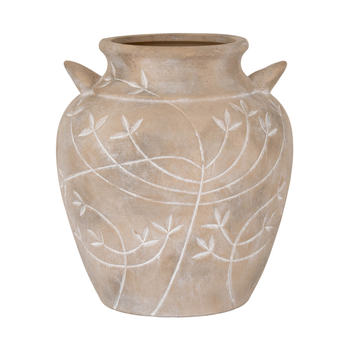 Beige amphora vase on a white background, showing its broad rounded body, short open neck, pointed side details and pale branching leaf pattern.