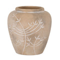 Rounded beige vase with a low open neck and pale leafy branches sweeping across its mottled surface, shown against white.