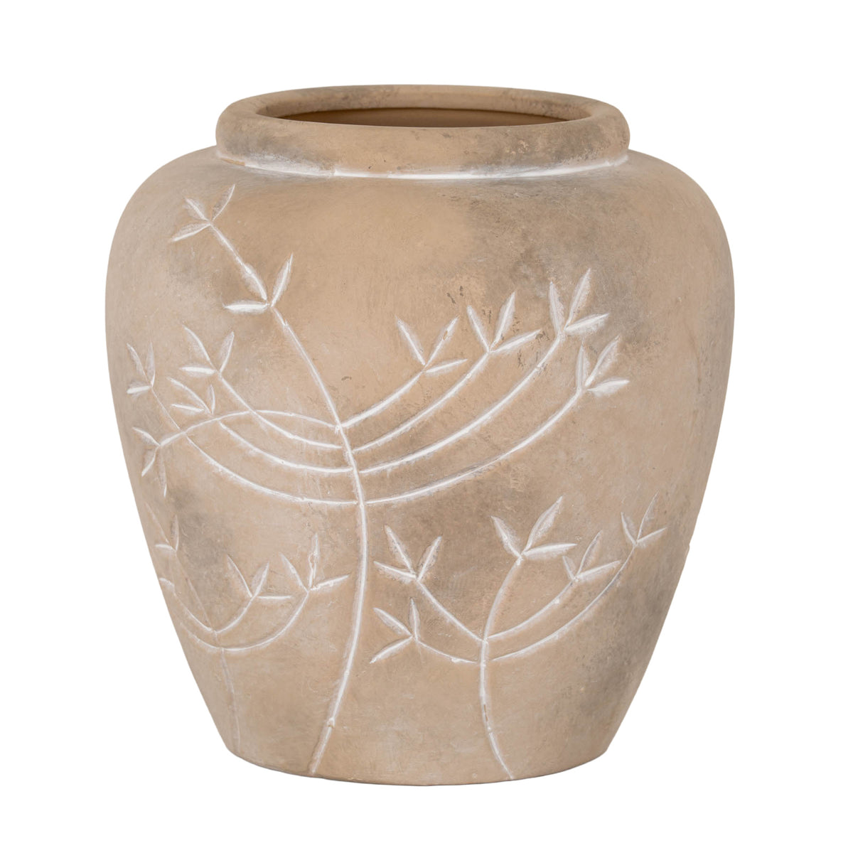 Rounded beige vase with a low open neck and pale leafy branches sweeping across its mottled surface, shown against white.
