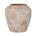 Beige vase with rounded shoulders, a low open rim and pale leafy branches sweeping across its mottled surface, shown against white.