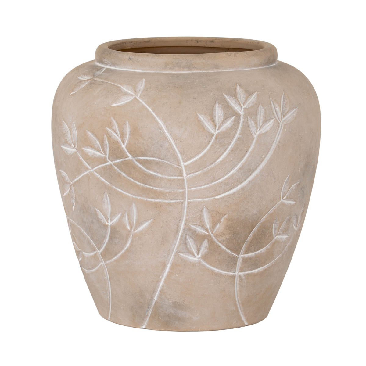 Beige vase with rounded shoulders, a low open rim and pale leafy branches sweeping across its mottled surface, shown against white.