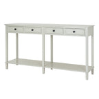 Angled view of an off-white console table with four framed drawers, dark round knobs and a full-width open lower shelf.