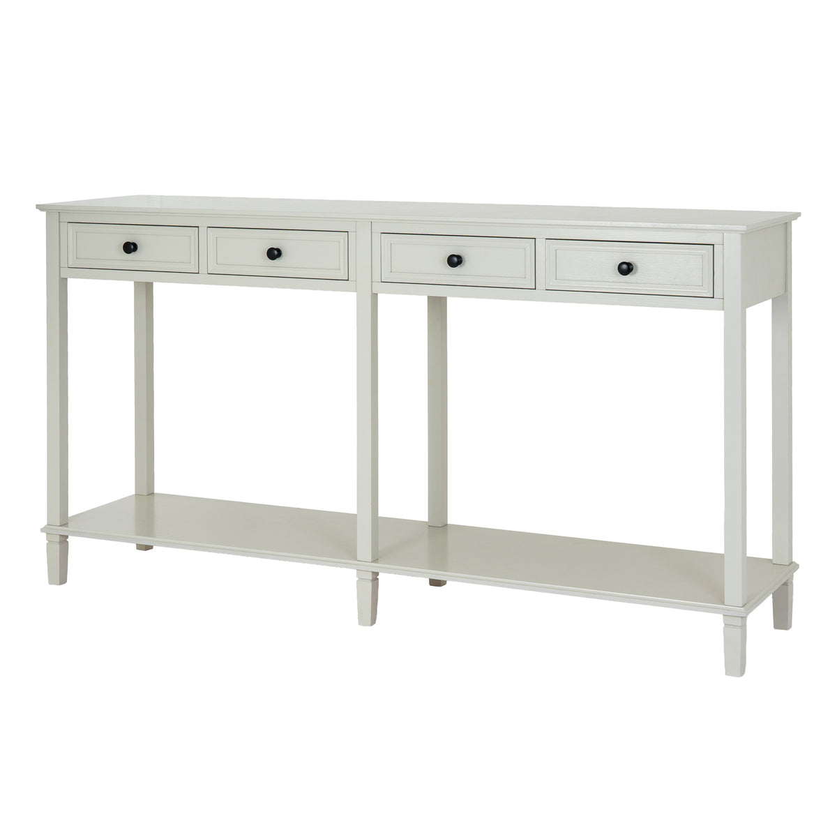 Angled view of an off-white console table with four framed drawers, dark round knobs and a full-width open lower shelf.