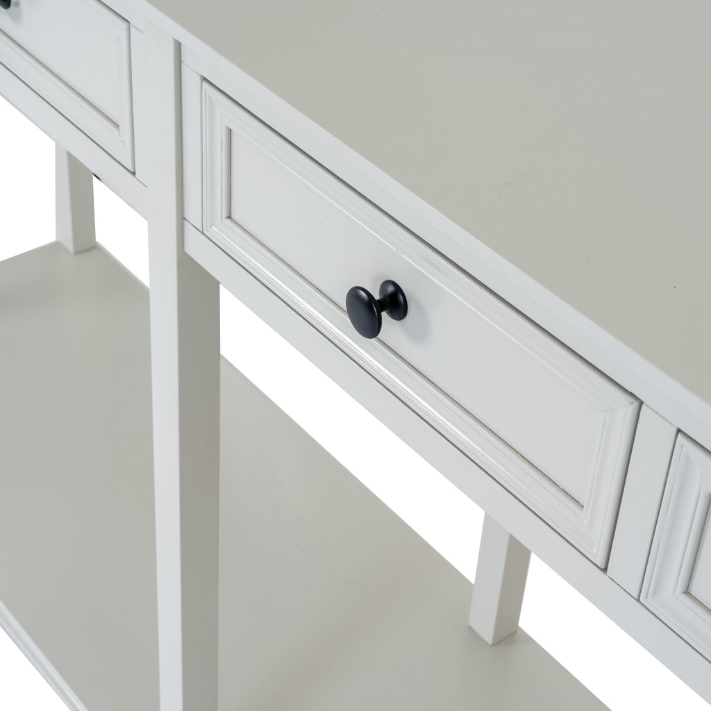 Close-up of a pale framed drawer front and dark round knob, with the console top, straight uprights and lower shelf visible.