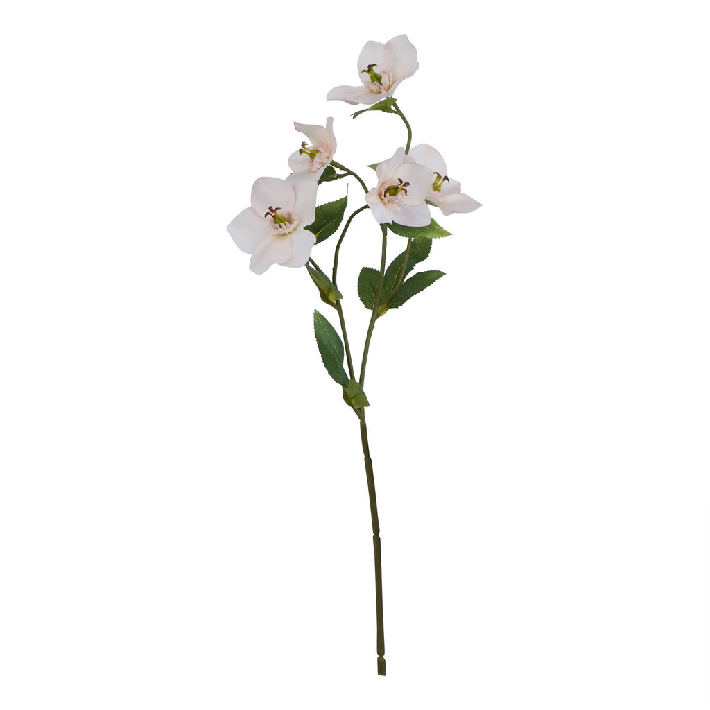 Full view of a branching olive-green artificial flower stem with pale cream and blush blooms and serrated green leaves against white.