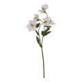 Full view of a branching olive-green artificial flower stem with pale cream and blush blooms and serrated green leaves against white.