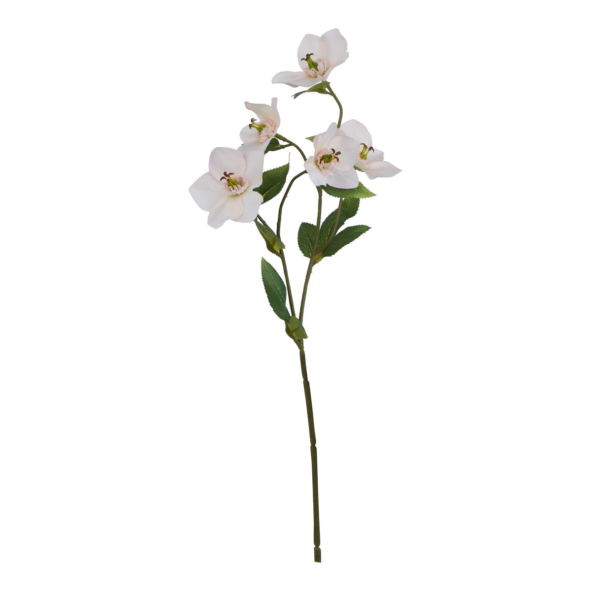 Full view of a branching olive-green artificial flower stem with pale cream and blush blooms and serrated green leaves against white.