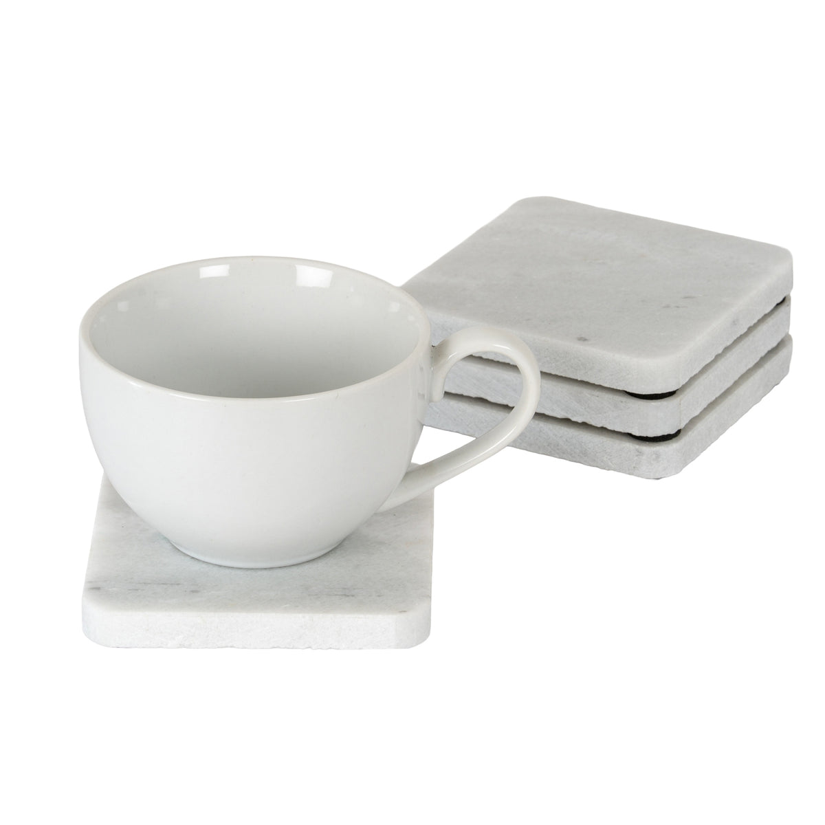 White cup resting on a pale mottled square coaster, with three matching coasters stacked behind it.