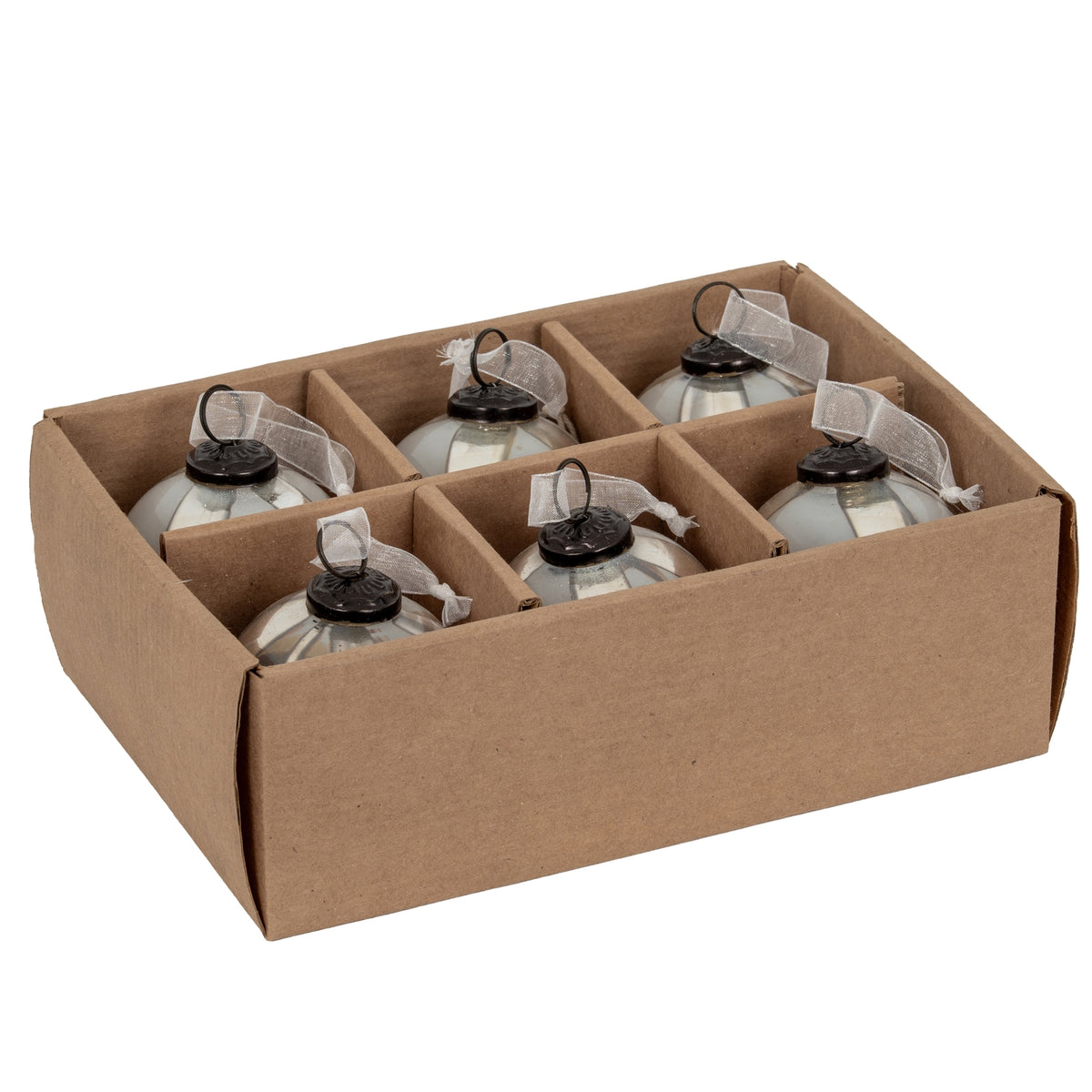 Angled view of pale ribbed baubles arranged in a divided brown tray, with dark caps and white sheer ribbon ties visible above the partitions.